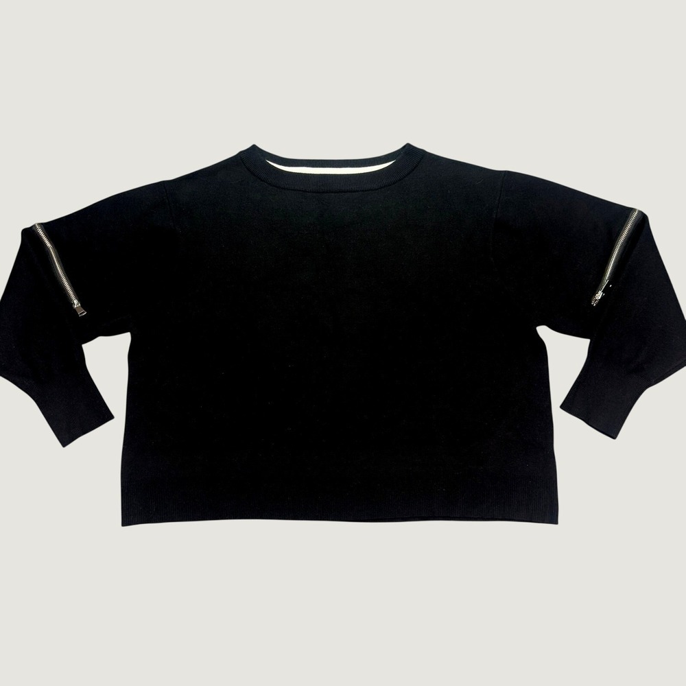 Zara Knit Zipper Sleeve Cropped Sweater Size Medium Black Crewneck Boxy Pullover